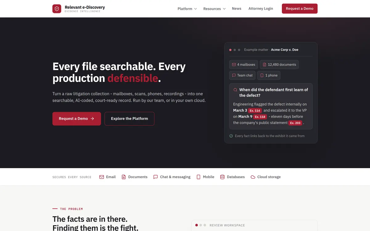 Relevant e-Discovery - screenshot, Live · Sep 2026